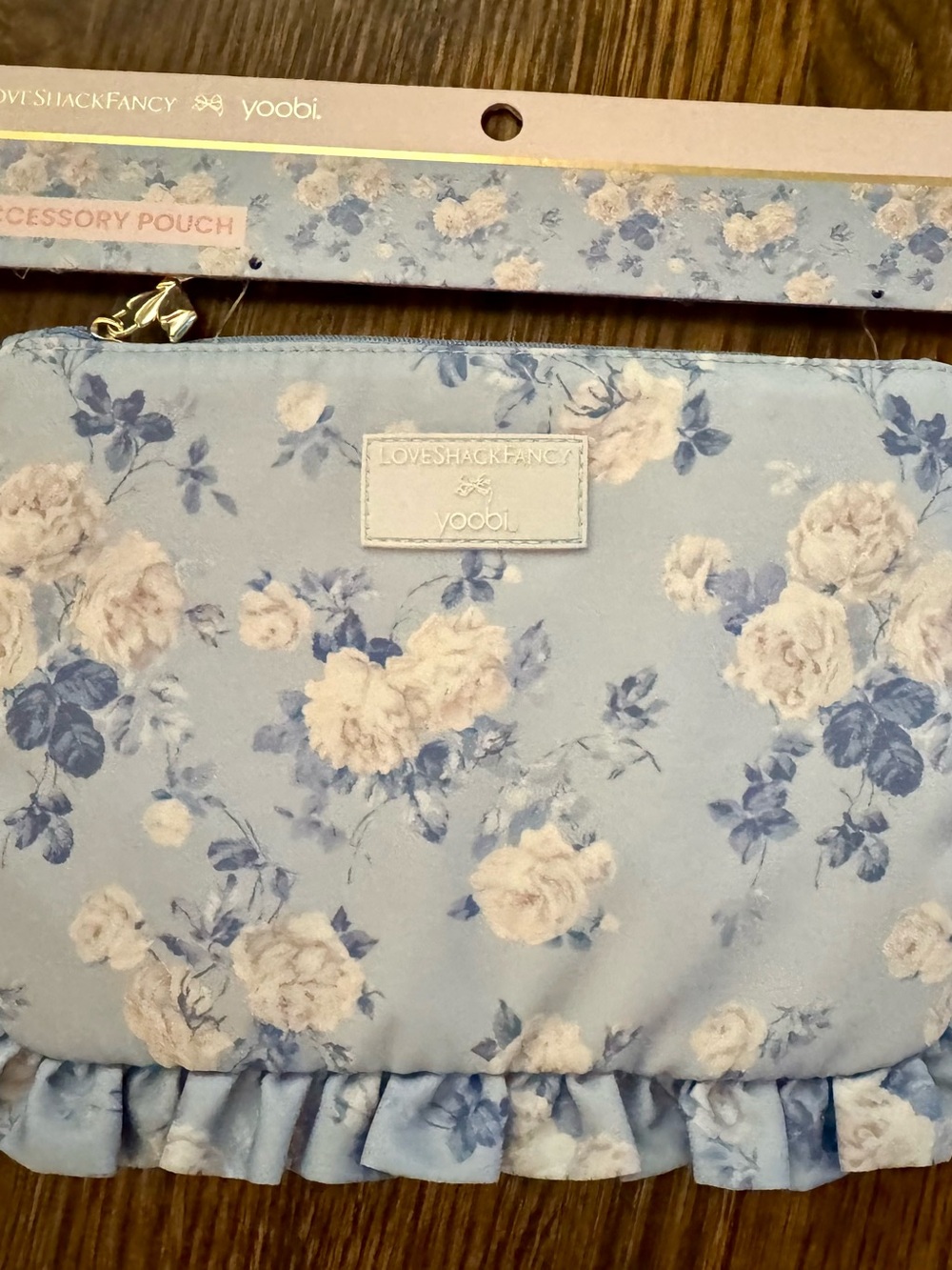 LoveShackFancy Light Blue Floral Ruffle Kids Accessory Pouch